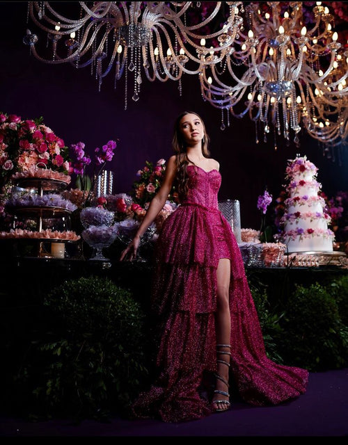 Modest Senior Prom Dresses High Schools Inspiration Ball Gown Sweetheart Sequins Hot Pink Slit Semi Formal Grad Long Prom Dress For Teens AB1954