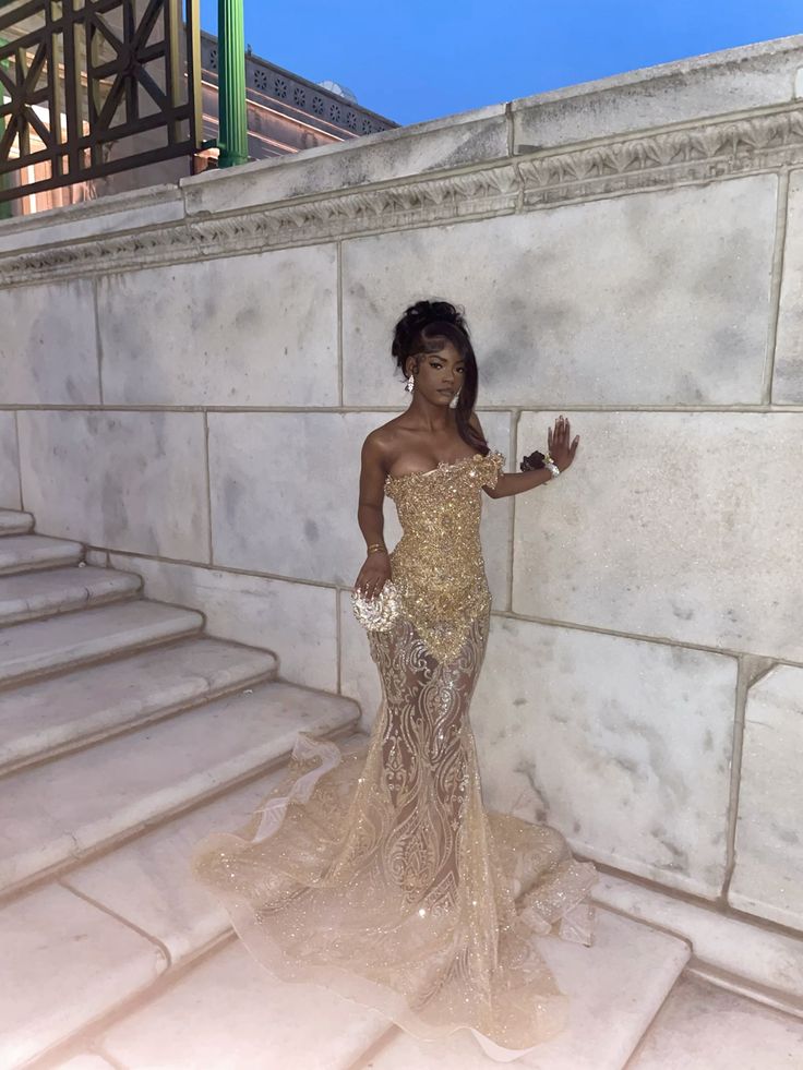 Elegant Mermaid Strapless Gold With Beads Long Formal Prom Evening Dress Dinner Outfits Party Gowns AB2073