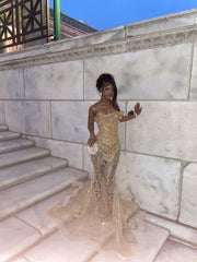 Elegant Mermaid Strapless Gold With Beads Long Formal Prom Evening Dress Dinner Outfits Party Gowns AB2073