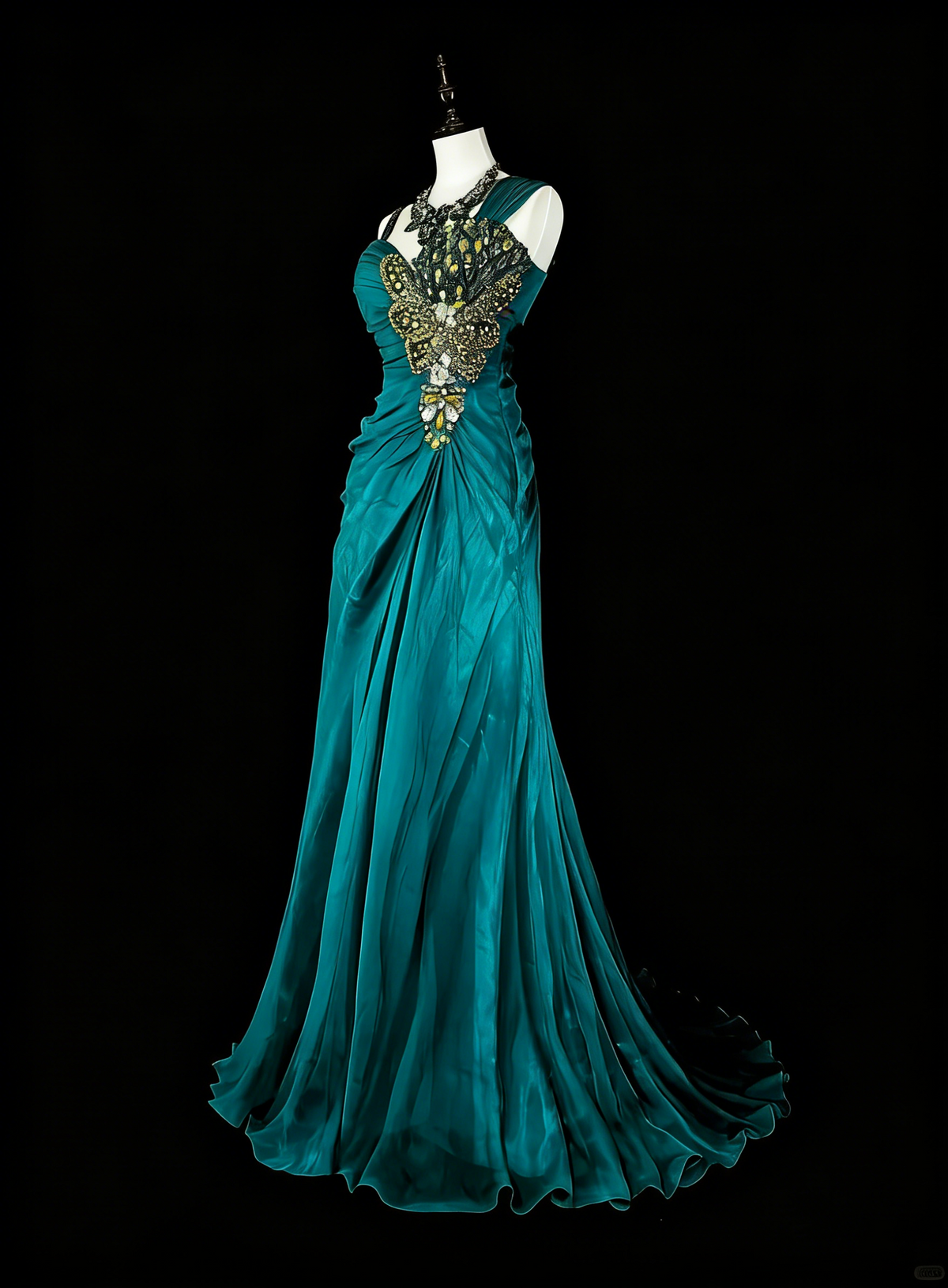 Vintage Mermaid Green 70s With Pleated Gold Beads Long Prom Gown Party Wear Dresses N1837