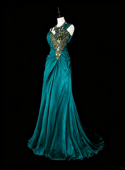 Vintage Mermaid Green 70s With Pleated Gold Beads Long Prom Gown Party Wear Dresses N1837