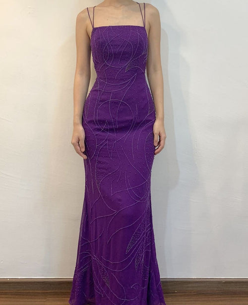 Vintage 80s Mermaid Spaghetti Strap Grape Tulle With Beading Formal Dress 18th Birthday Prom Dresses N2772