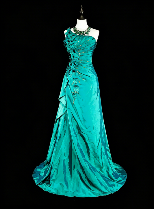 Vintage Mermaid One Shoulder Green 70s With Pleated Beads Long Prom Gown Party Wear Dresses N1838