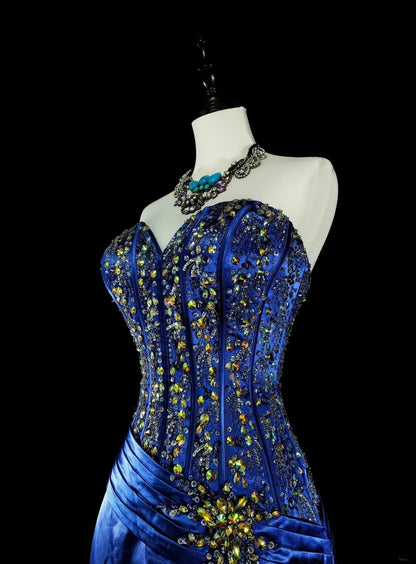 Vintage A line Sweetheart Royal Blue 70s Satin With Beadings Long Prom Gown Party Wear Dresses N1831