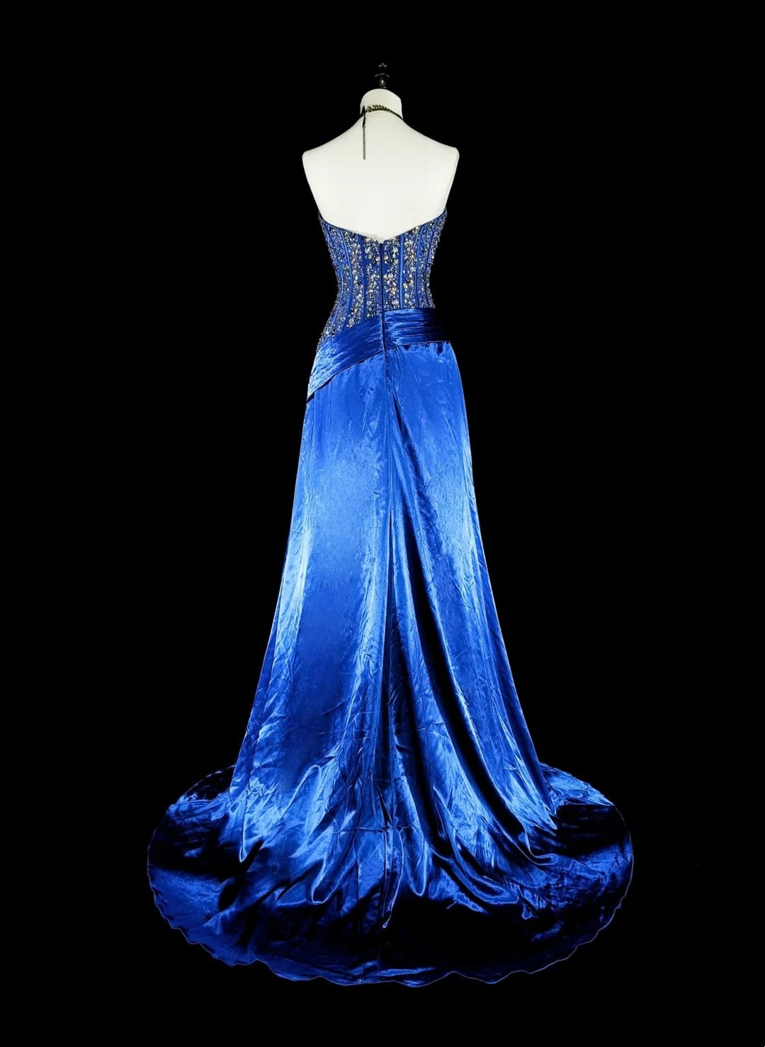 Vintage A line Sweetheart Royal Blue 70s Satin With Beadings Long Prom Gown Party Wear Dresses N1831