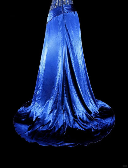 Vintage A line Sweetheart Royal Blue 70s Satin With Beadings Long Prom Gown Party Wear Dresses N1831
