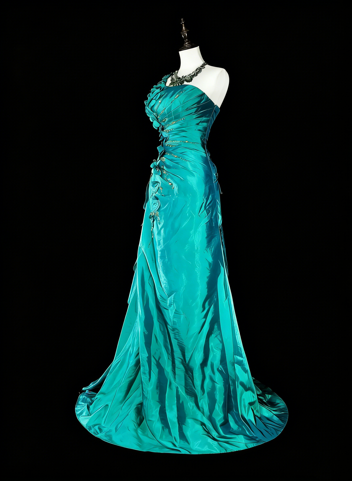 Vintage Mermaid One Shoulder Green 70s With Pleated Beads Long Prom Gown Party Wear Dresses N1838