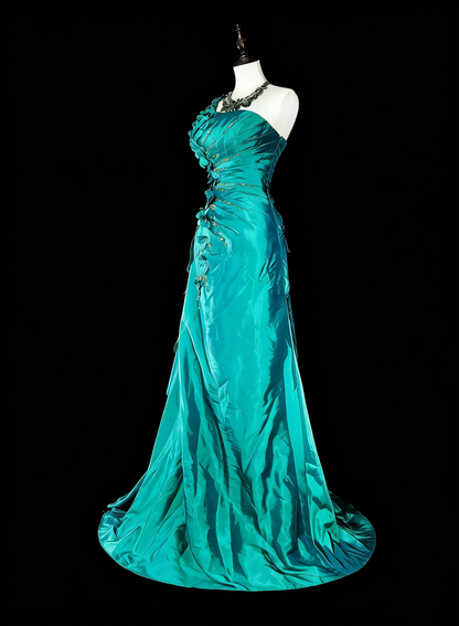 Vintage Mermaid One Shoulder Green 70s With Pleated Beads Long Prom Gown Party Wear Dresses N1838