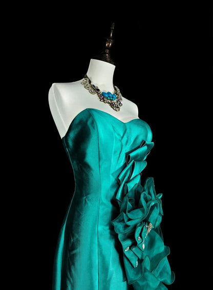 Vintage Mermaid Sweetheart Green 70s Satin Long Prom Gown Party Wear Dresses4 N1834