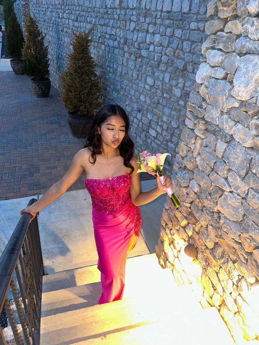 Sexy Mermaid Strapless Hot Pink Sequin With Split Long Formal Dress Gown Party Prom Dresses N2397