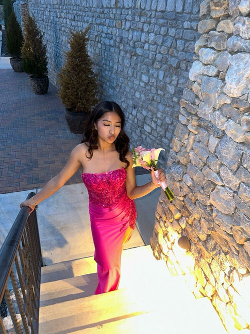 Sexy Mermaid Strapless Hot Pink Sequin With Split Long Formal Dress Gown Party Prom Dresses N2397