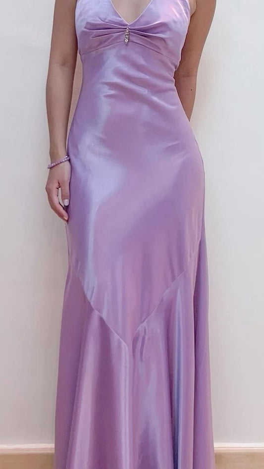 Vintage Mermaid Halter Lilac Satin Formal Dress Long Prom Dresses N2751