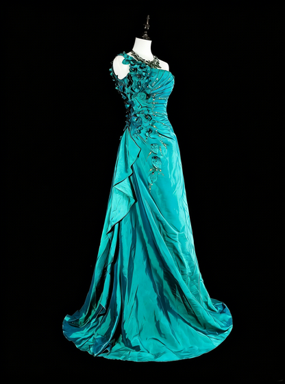 Vintage Mermaid One Shoulder Green 70s With Pleated Beads Long Prom Gown Party Wear Dresses N1838