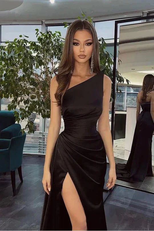 Simple Black Long One Shoulder Slit Mermaid Prom Dresses 18th Birthday Outfits AB2393