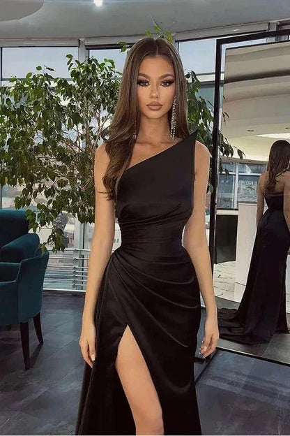 Simple Black Long One Shoulder Slit Mermaid Prom Dresses 18th Birthday Outfits AB2393