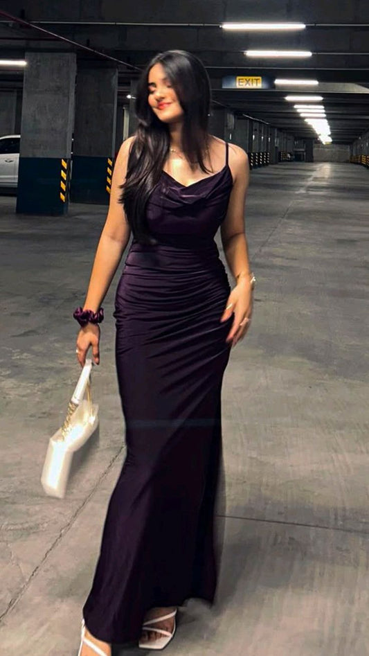 Elegant Sheath Spaghetti Straps Purple Sleeveless Long Prom Dresses 18th Birthday Outfits AB2401