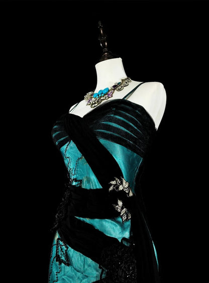 Vintage 1960s Mermaid Spaghetti Strap Black Tulle Green Satin Sleeveless Long Prom Formal Dresses N1585
