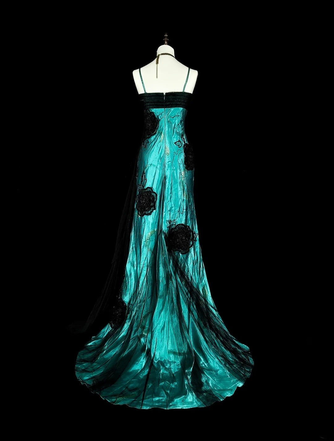 Vintage 1960s Mermaid Spaghetti Strap Black Tulle Green Satin Sleeveless Long Prom Formal Dresses N1585
