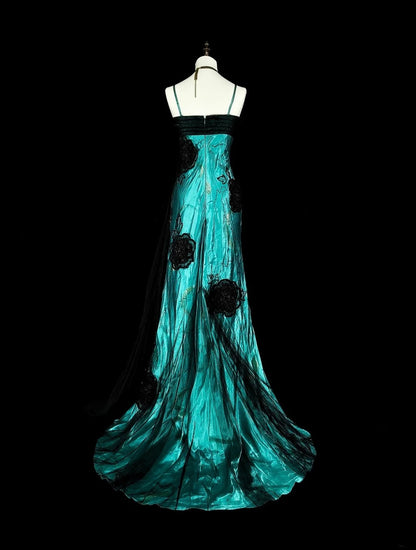 Vintage 1960s Mermaid Spaghetti Strap Black Tulle Green Satin Sleeveless Long Prom Formal Dresses N1585