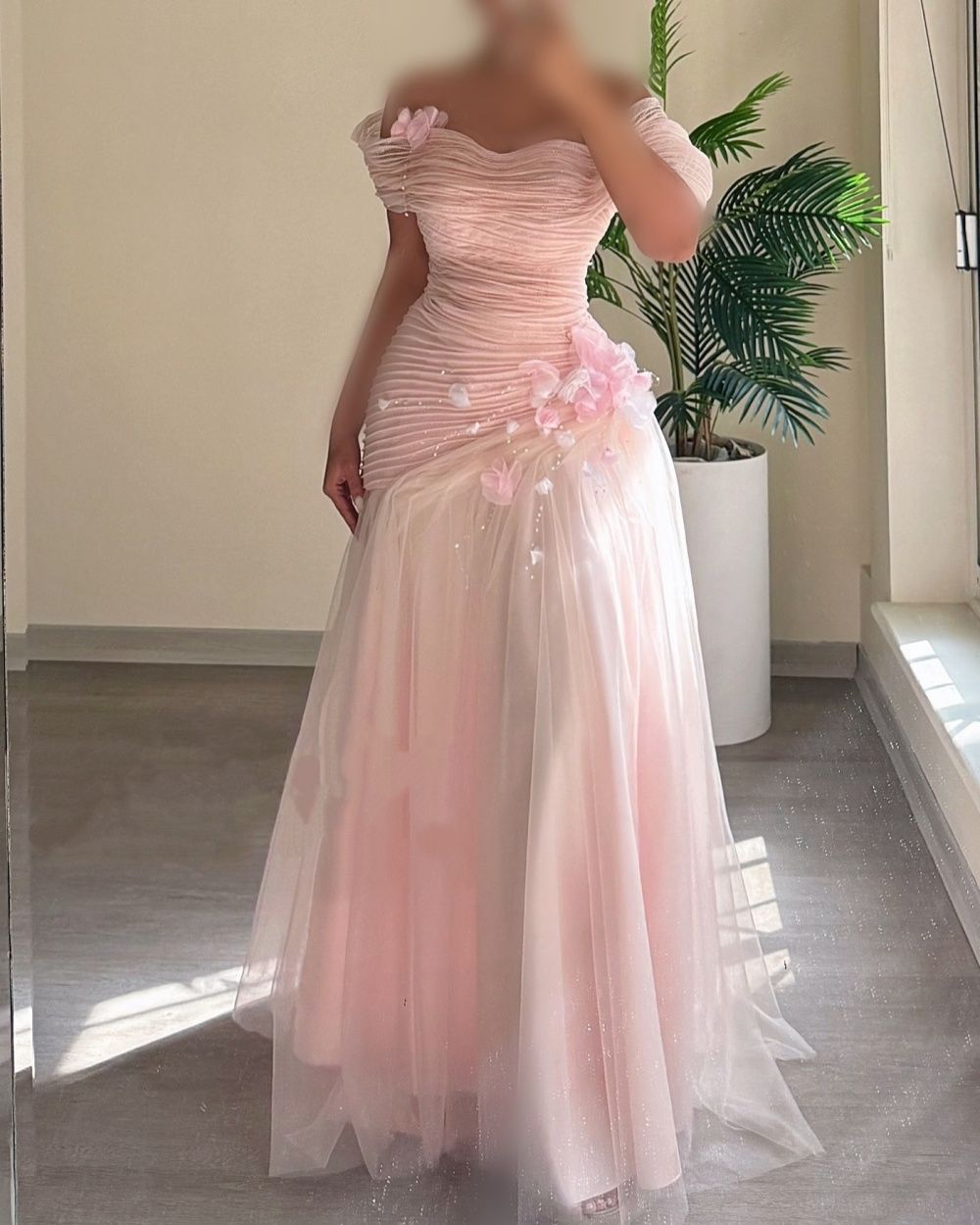 Mermaid Off The Shoulder Pink Tulle Prom Dress Women Long Formal Dance Party Gowns AB1747