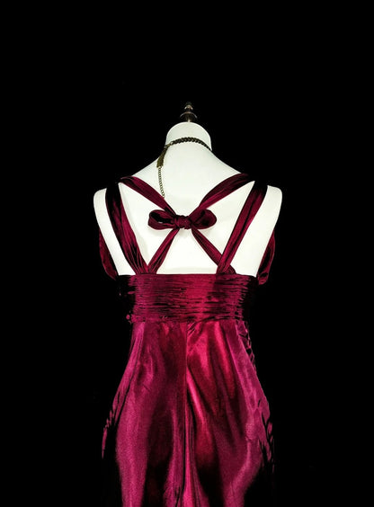 Vintage Mermaid V Neck Dark Red Burgundy Satin With Beadings Long Prom Gown Party Wear Fashion Dresses N1829
