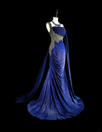 Vintage 1980s Mermaid One Shoulder Royal Blue Satin With Beaded Long Prom Formal Dresses N1607