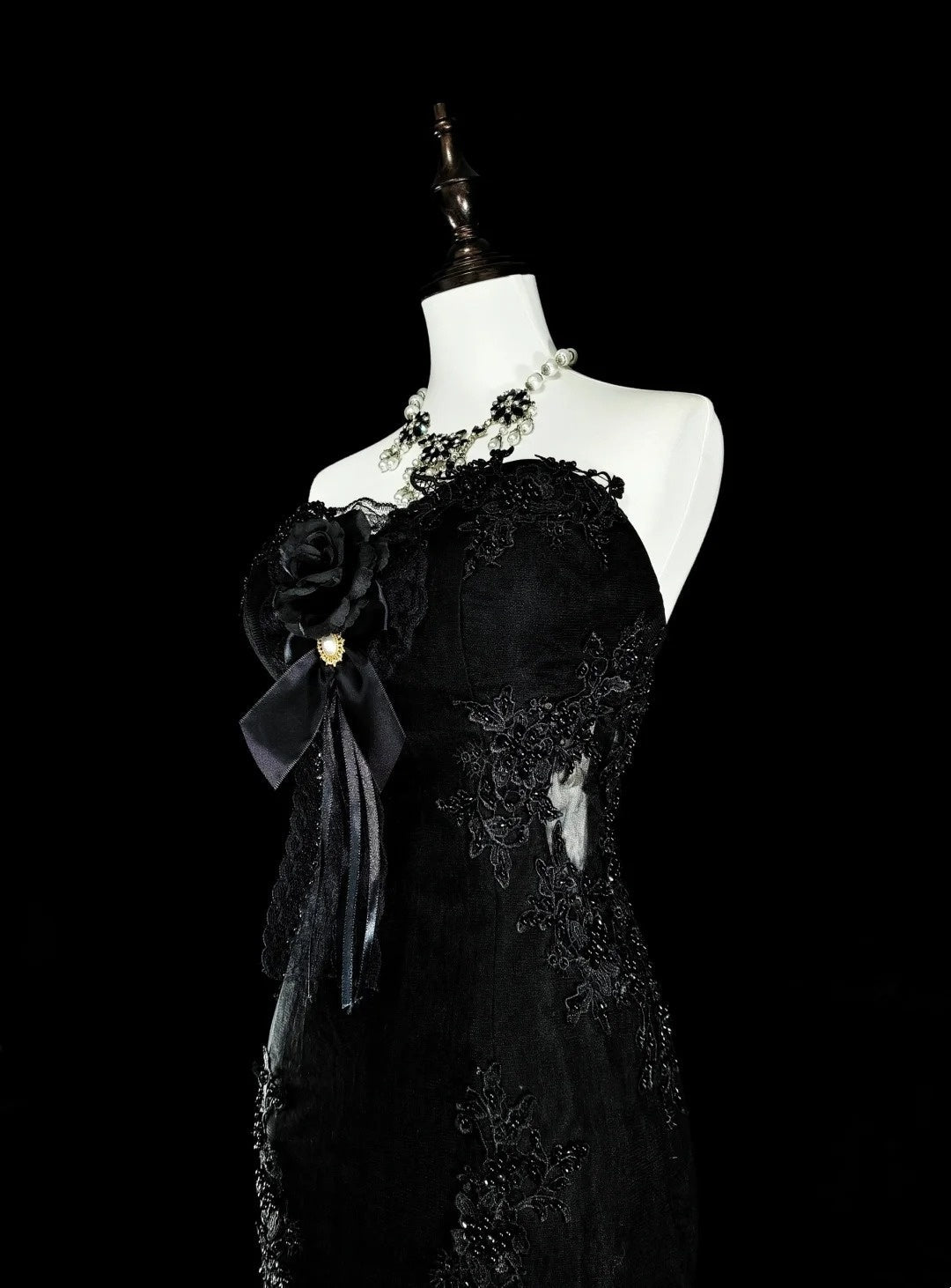 Vintage 1980s Mermaid Sweetheart Black Tulle With Appliques Sleeveless Long Prom Formal Dresses N1599