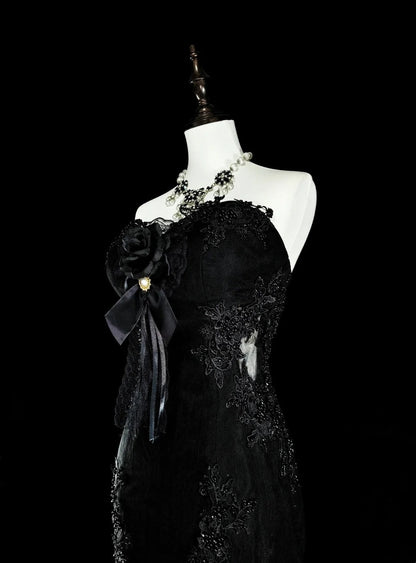 Vintage 1980s Mermaid Sweetheart Black Tulle With Appliques Sleeveless Long Prom Formal Dresses N1599