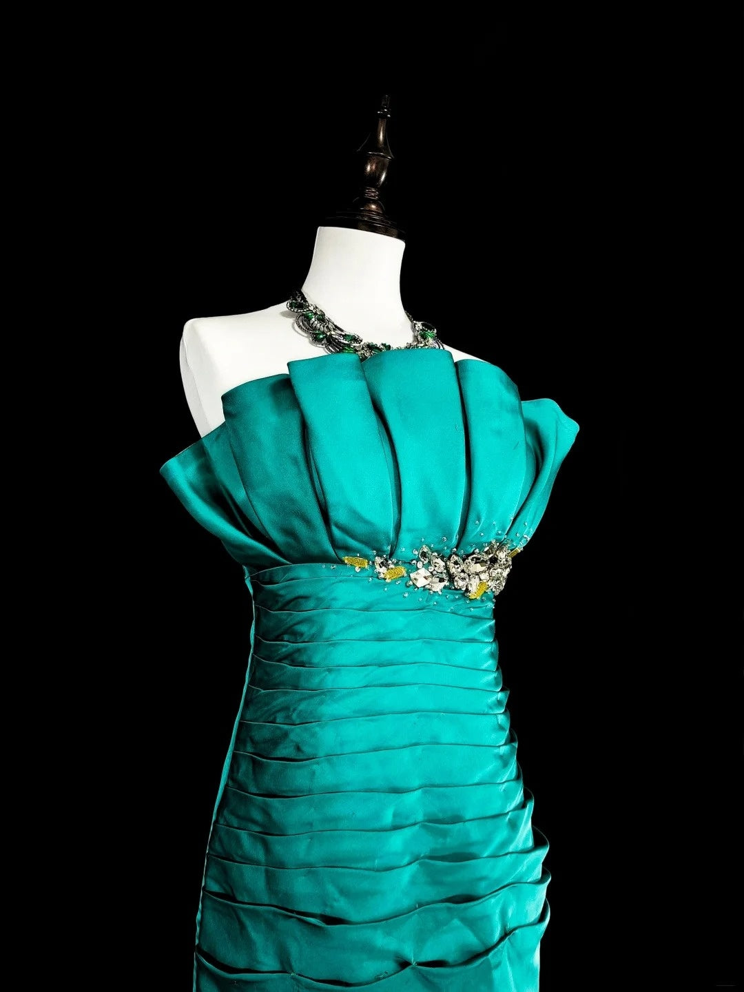 Vintage Mermaid Strapless Satin Green 70s With Pleated Beads Long Prom Gown Party Wear Dresses N1842