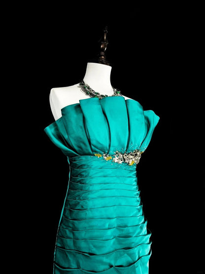 Vintage Mermaid Strapless Satin Green 70s With Pleated Beads Long Prom Gown Party Wear Dresses N1842