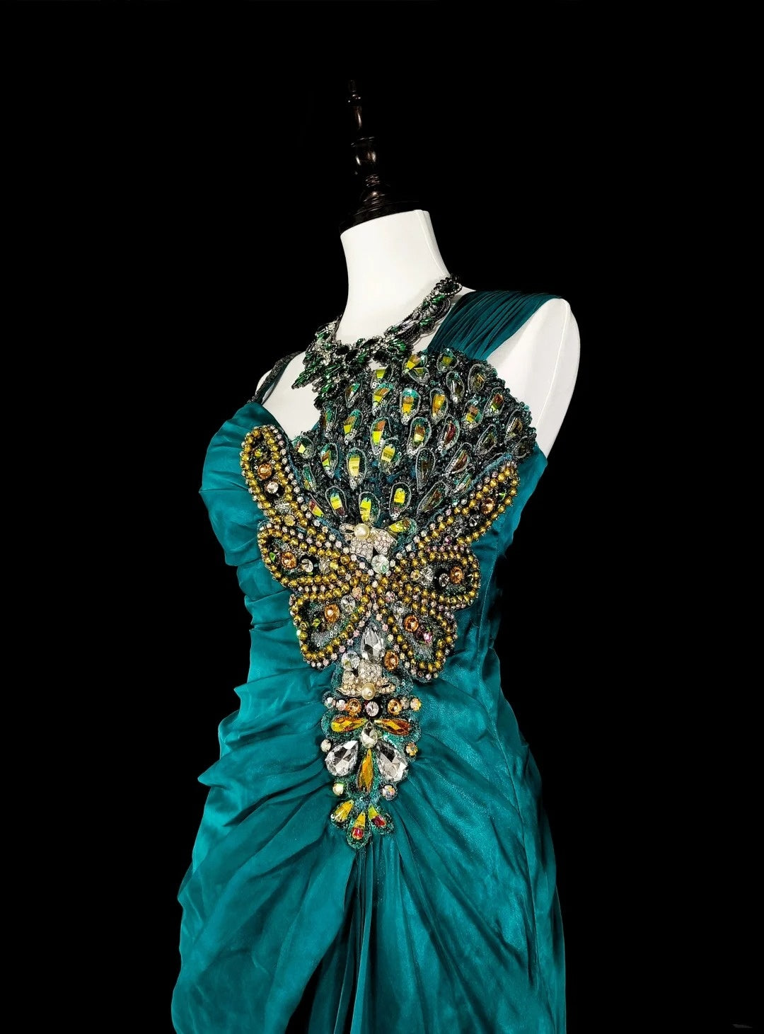 Vintage Mermaid Green 70s With Pleated Gold Beads Long Prom Gown Party Wear Dresses N1837