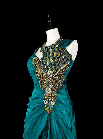 Vintage Mermaid Green 70s With Pleated Gold Beads Long Prom Gown Party Wear Dresses N1837