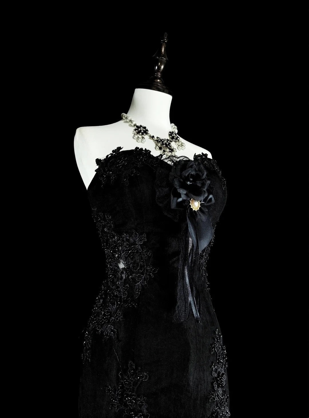 Vintage 1980s Mermaid Sweetheart Black Tulle With Appliques Sleeveless Long Prom Formal Dresses N1599