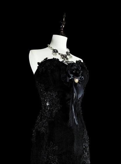 Vintage 1980s Mermaid Sweetheart Black Tulle With Appliques Sleeveless Long Prom Formal Dresses N1599