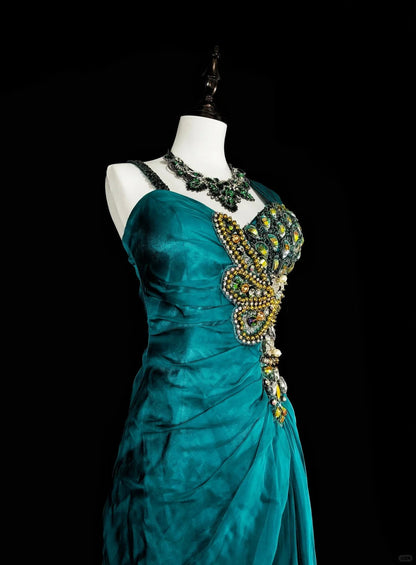 Vintage Mermaid Green 70s With Pleated Gold Beads Long Prom Gown Party Wear Dresses N1837