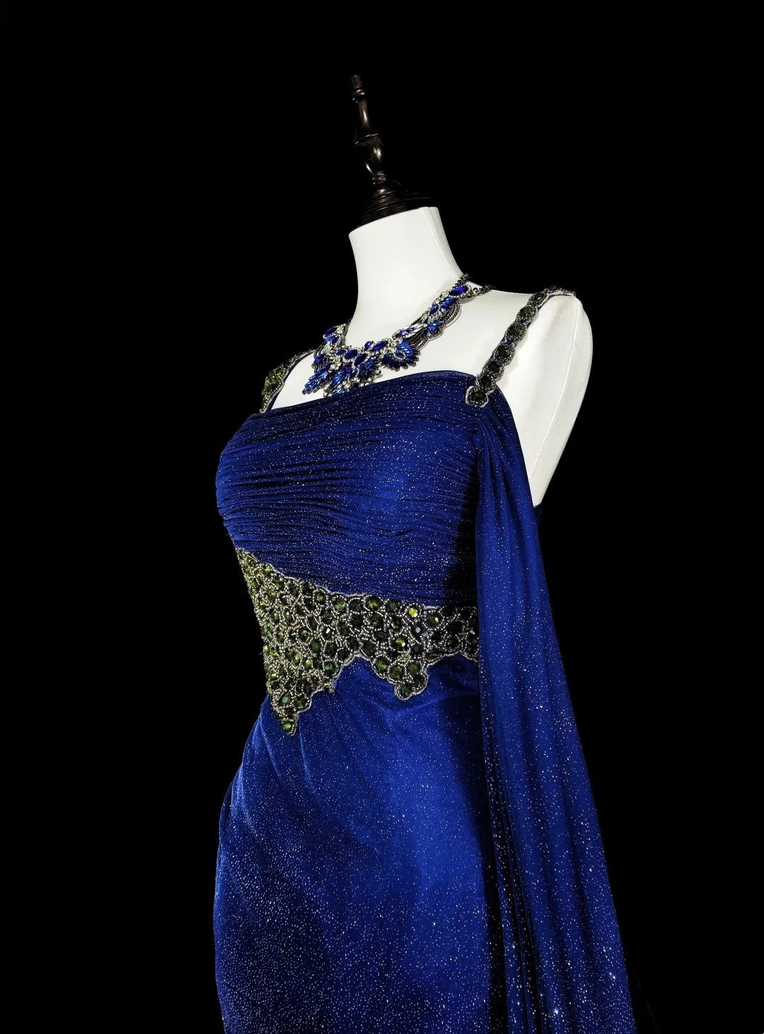 Vintage 1980s Mermaid One Shoulder Royal Blue Satin With Beaded Long Prom Formal Dresses N1607