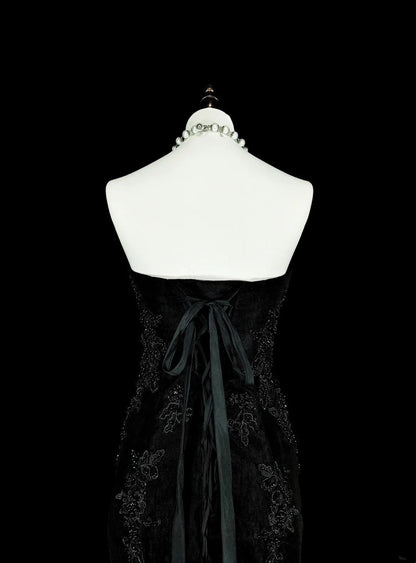 Vintage 1980s Mermaid Sweetheart Black Tulle With Appliques Sleeveless Long Prom Formal Dresses N1599