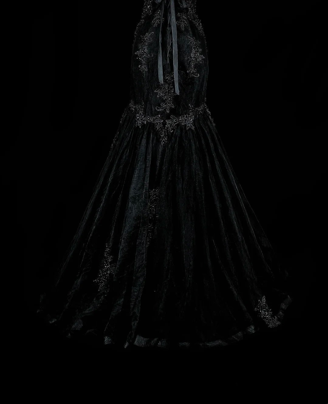 Vintage 1980s Mermaid Sweetheart Black Tulle With Appliques Sleeveless Long Prom Formal Dresses N1599