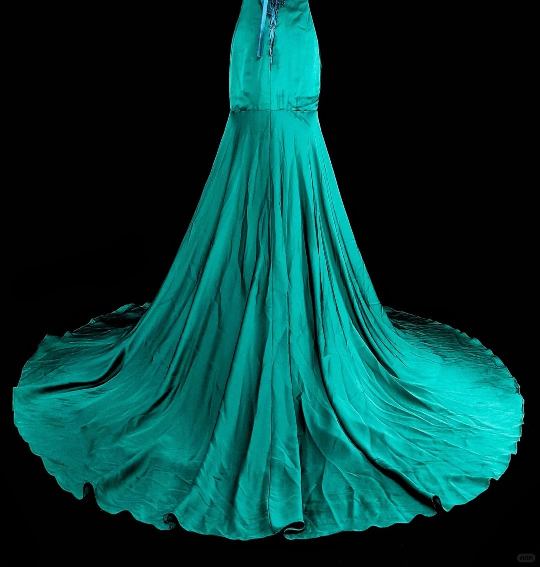 Vintage Mermaid Strapless Satin Green 70s With Pleated Beads Long Prom Gown Party Wear Dresses N1842