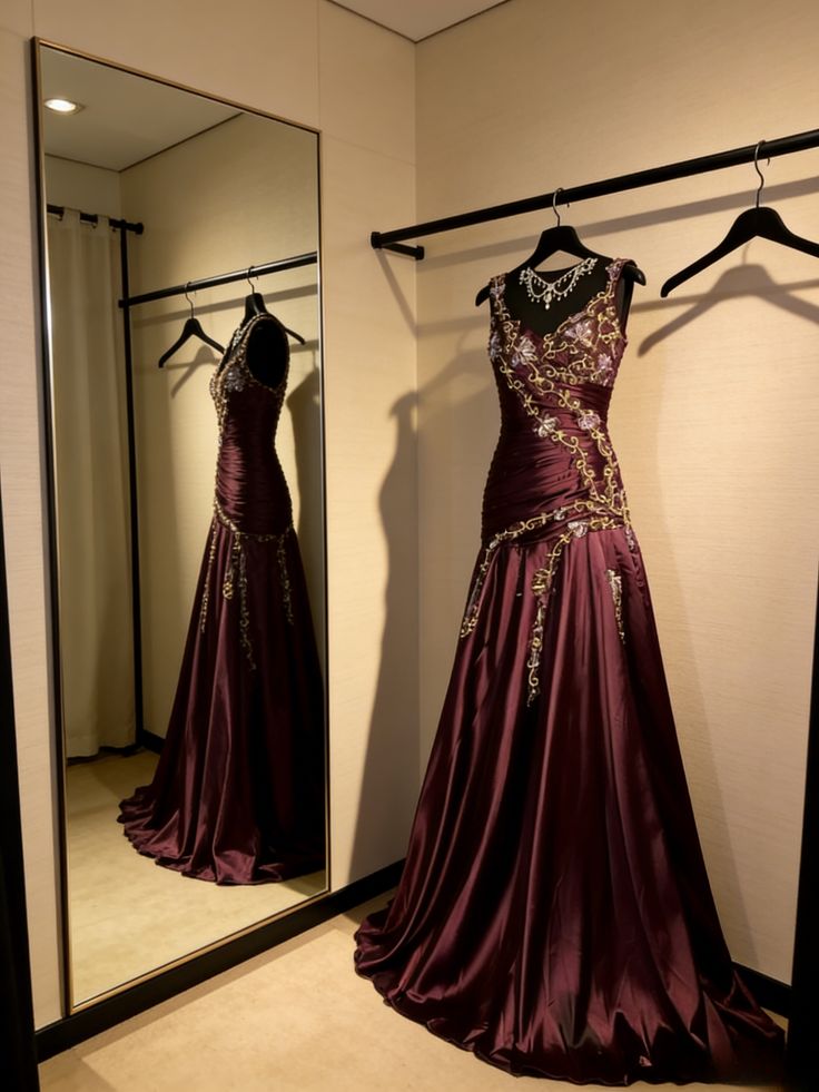 Chic Grape Dresses V-neck A-Line Long Prom Dresses Embroidery Satin Sleeveless Princess Formal Dress N776