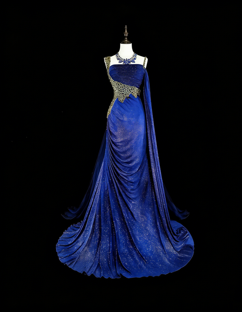 Vintage 1980s Mermaid One Shoulder Royal Blue Satin With Beaded Long Prom Formal Dresses N1607