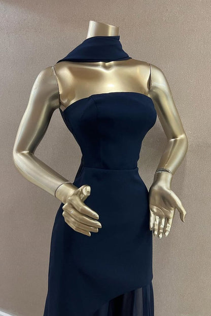 Elegant Mermaid Strapless Navy Blue With Scarf Winter Long Formal Ideas Prom Evening Dress Dinner Outfits Party Gowns For Women AB2024