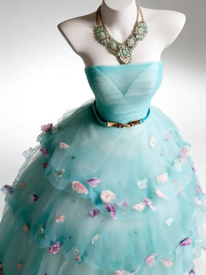 Modest Prom Dresses Ball Gown Strapless Light Sky Blue Tulle With Flowers Long Quince Dress N2969