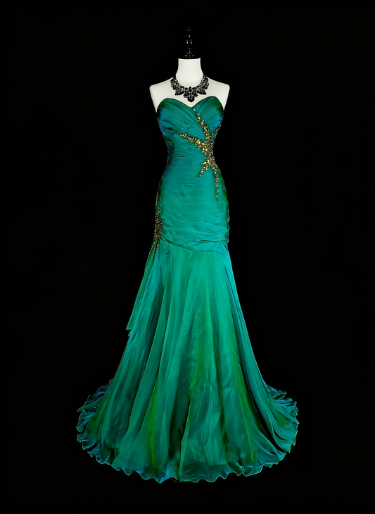 Vintage Mermaid Sweetheart Green Satin With Beads Long Gowns Formal 18th Birthday Party Prom Dresses N1751