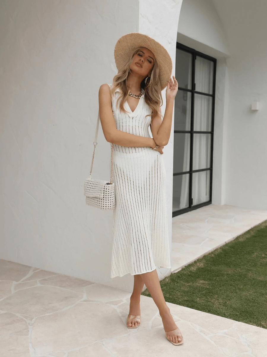 BENDITA PERFORATED KNIT COLLARED MIDI DRESS - CREAM