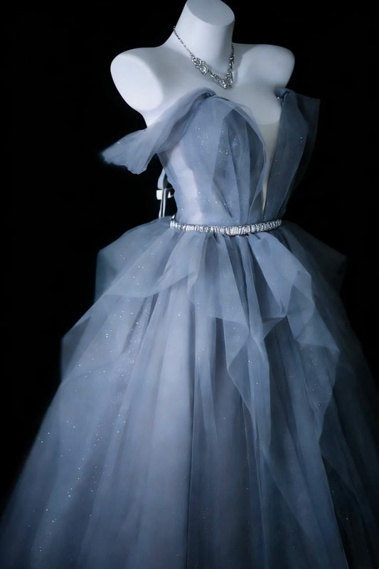 Modest Prom Dresses Ball Gown Off The Shoulder Dusty Blue Tulle With Sleeves Long Quince Dress N2970
