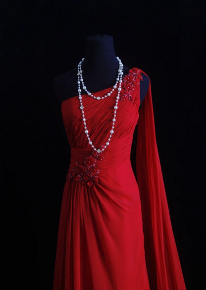 Vintage A line One Shoulder Red Chiffon Sleeveless Summer Formal For Women Girls Teens Prom Dresses N2246