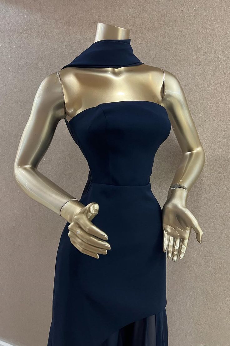 Charming Dark Navy Strapless Sleeveless Stain Prom Dresses Sheath Long On Sale AB1930