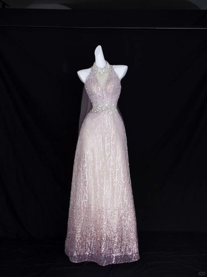 Elegant A Line Halter Blush Pink With Beading Formal Dress Sequin Birthday Prom Dresses N2829