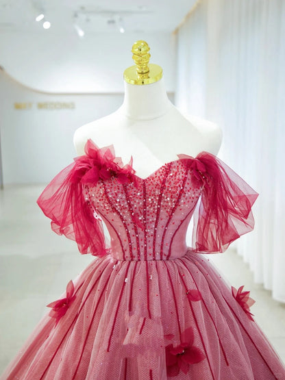 Pretty Prom Dresses Ball Gown Off The Shoulder Red Tulle With Flowers Long Formal Gown N2937